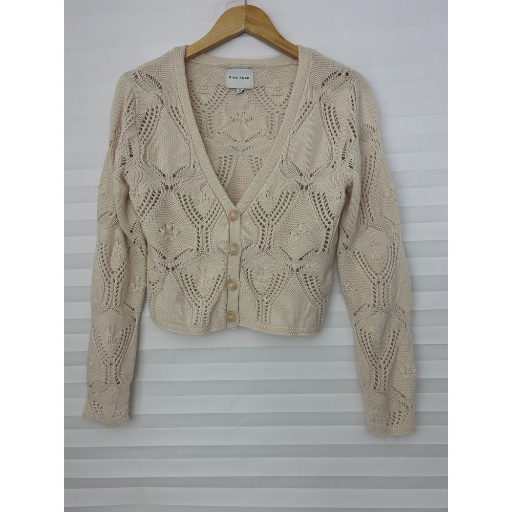 Pink Rose Cream Pointelle Knit Boho Cozy Cropped Cardigan Sweater V-Neck Ivory M
